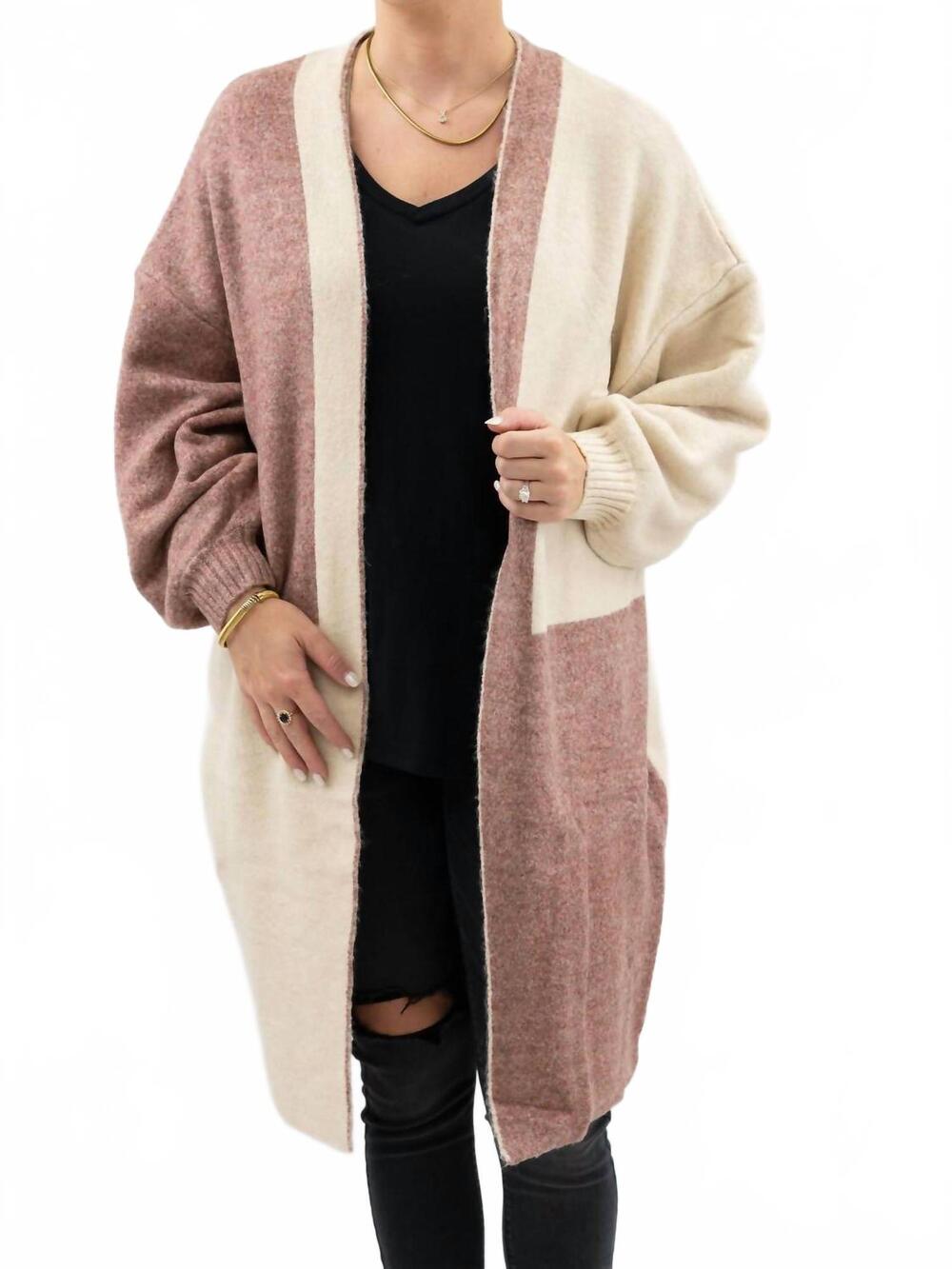 NEW LUSH women's colorblock balloon sleeve cardigan in mulberry